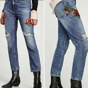Zara Z1975 Denim Sequins Rose Patch Jeans - Sz. 2